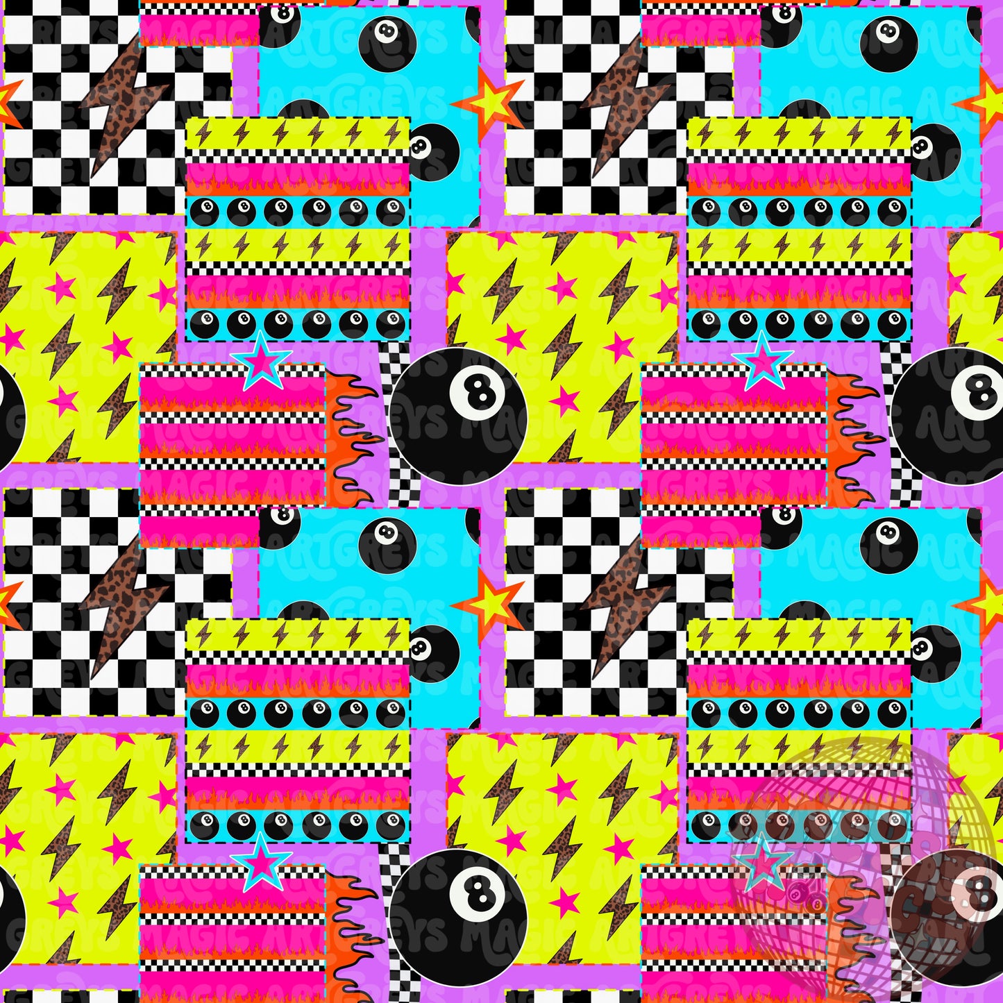 Neon Retro 8Ball Lightening Checkered Patchwork Seamless File
