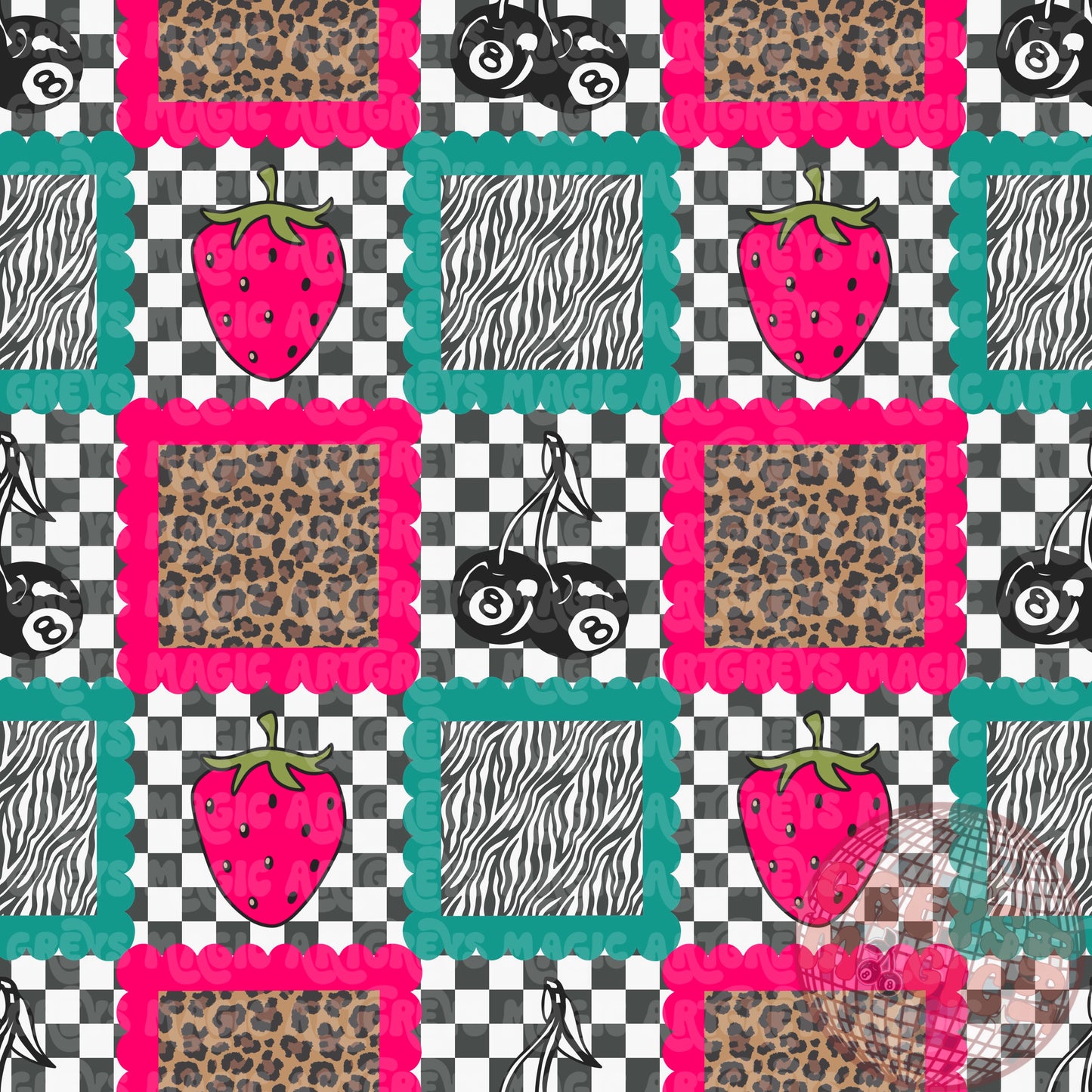 Strawberry 8ball Cherry Checkered Animal Square Patch Seamless File