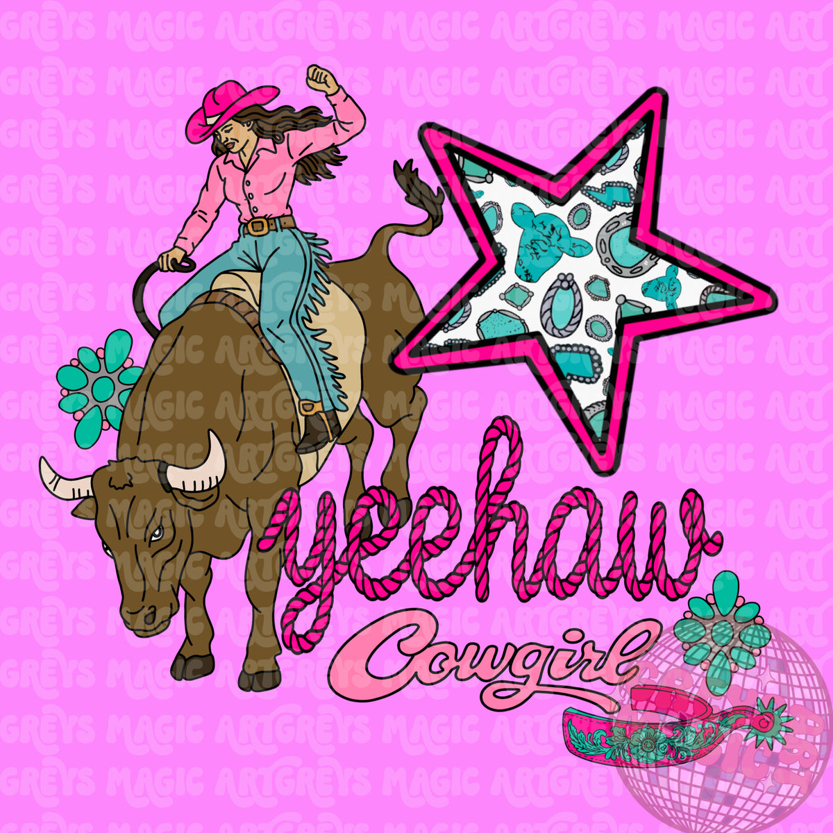 Yeehaw Cowgirl Bull Rider PNG