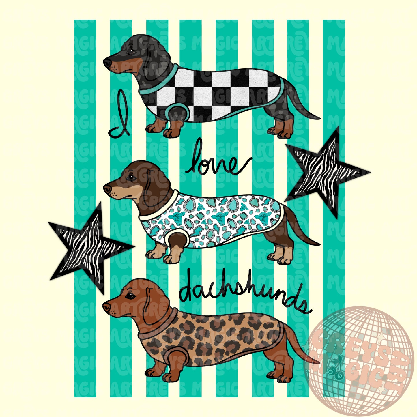 I Love Dachshunds Turquoise Stripes PNG