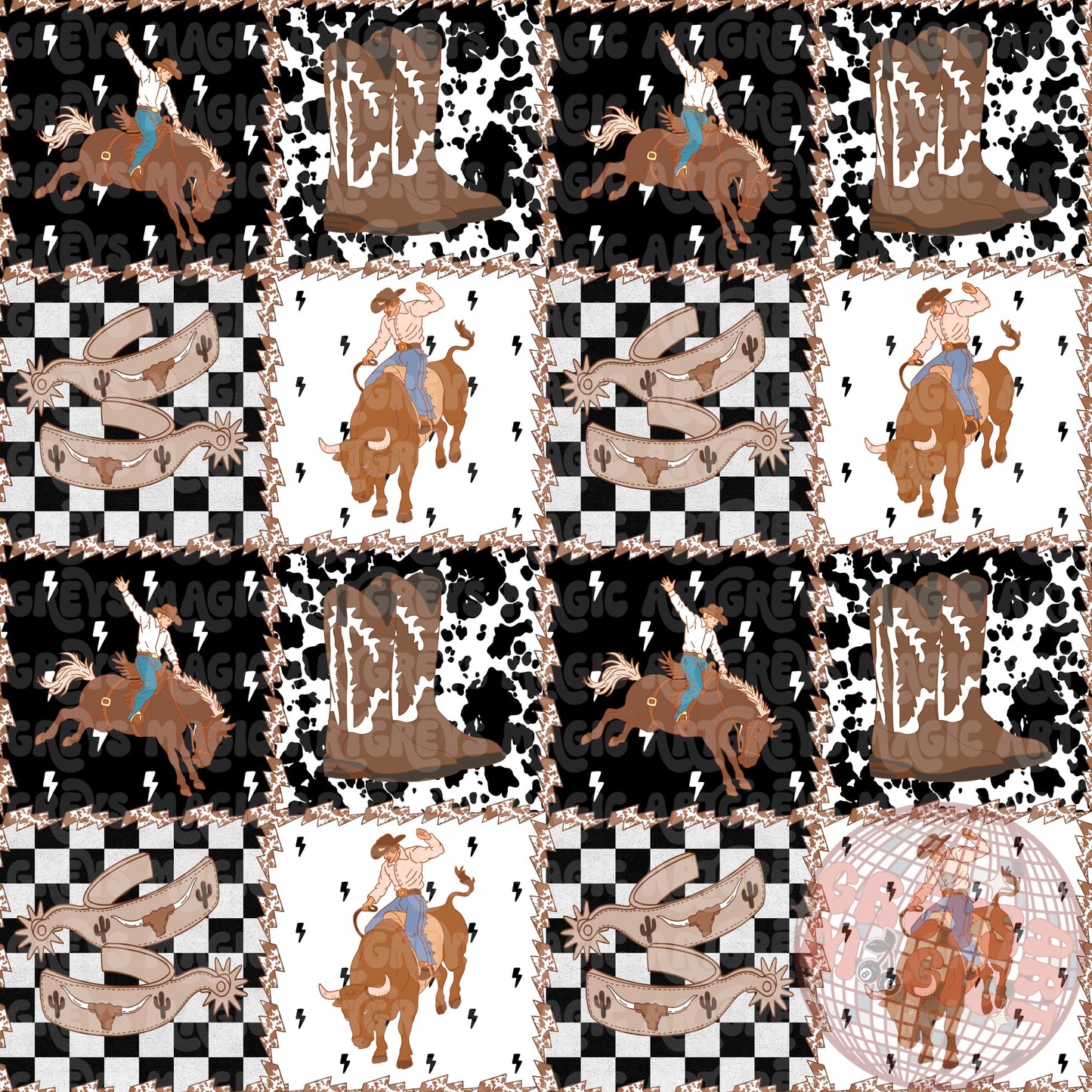 Cowboy Bulls Broncs Boots Square Patches Seamless File