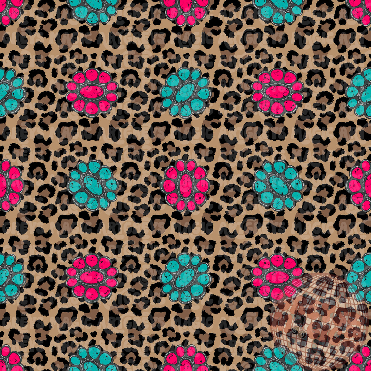 Pink And Turquoise Conchos Over Cheetah Seamless File