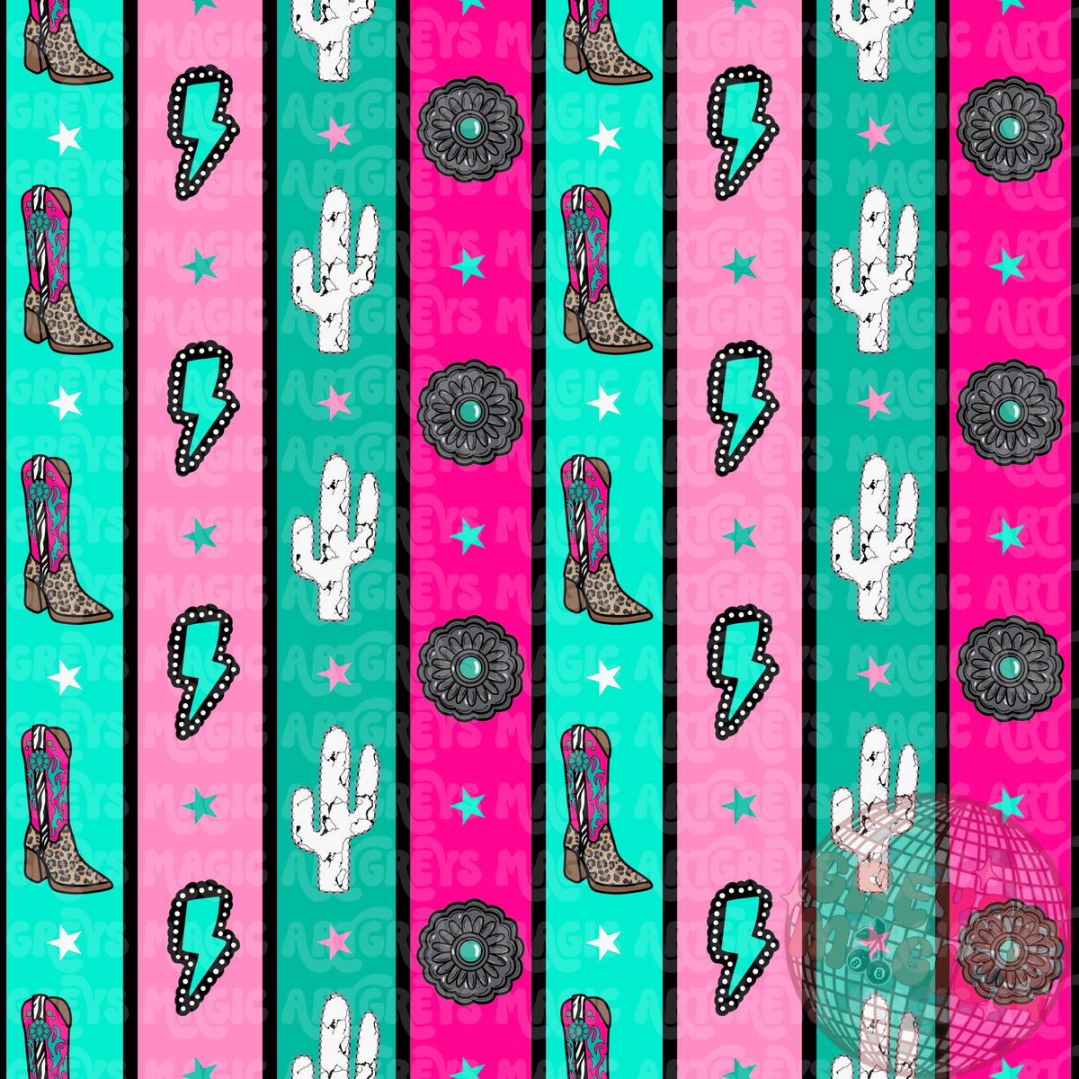 Western Boots Cactus Concho Pink And Turquoise Stripes Seamless File