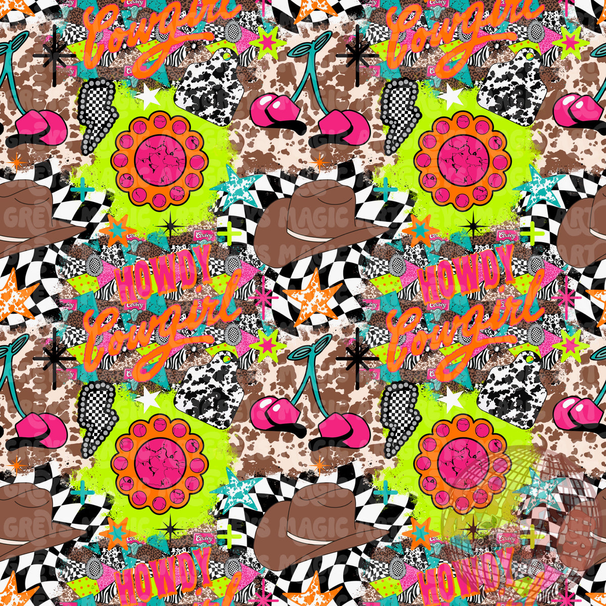 Howdy Cowgirl Neon Patch Mashup Seamless