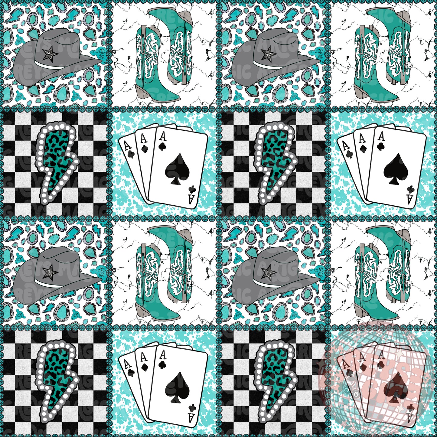 Hat Boots Conchos And Playing Cards Western Patch Squares Seamless File