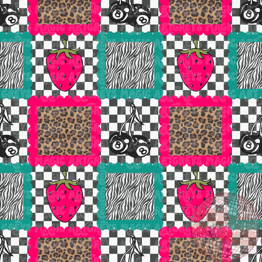 Strawberry 8ball Cherry Checkered Animal Square Patch Seamless File