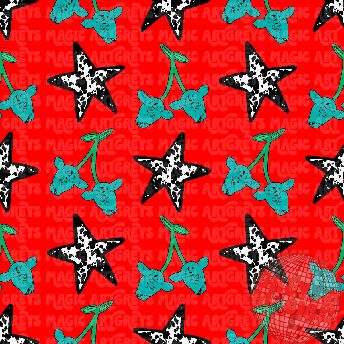 Turquoise Cowhead Cherries Cowprint Stars Seamless File