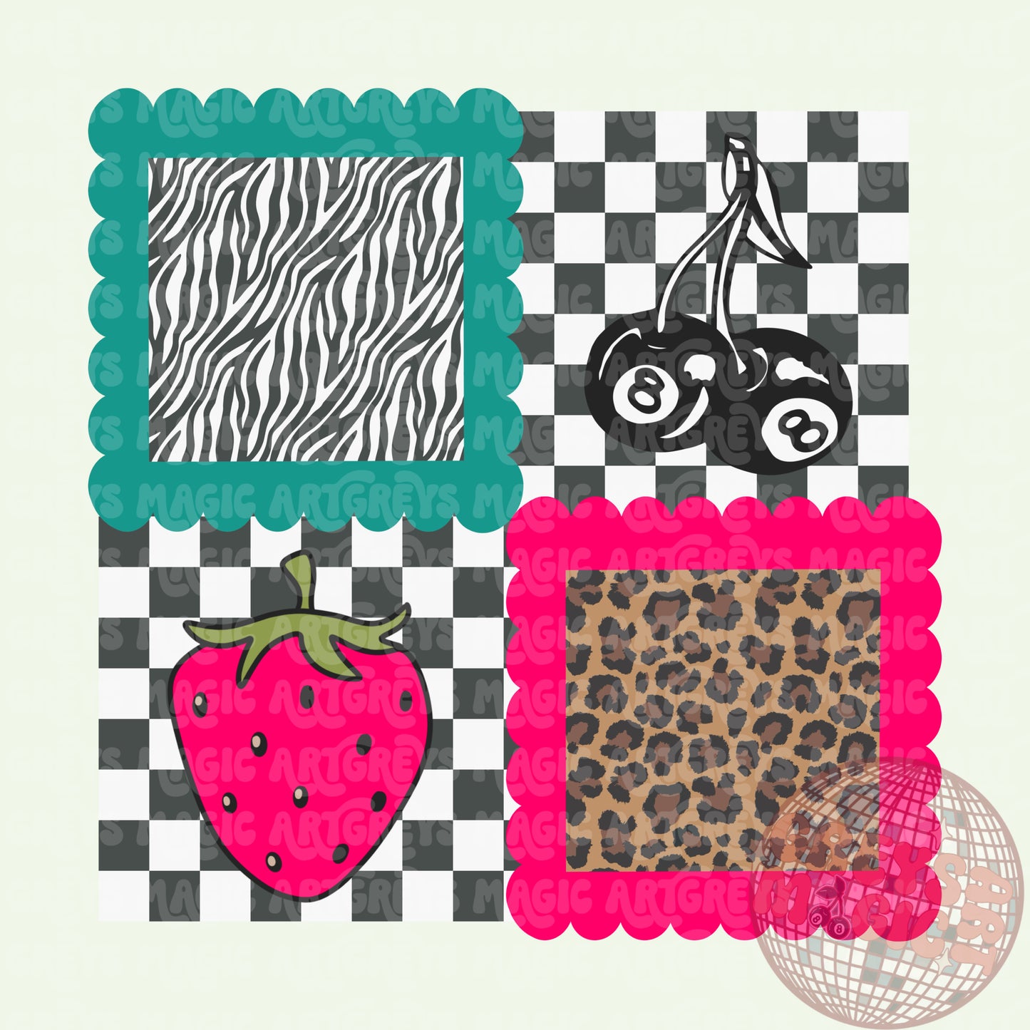 Strawberry 8ball Cherry Checkered Animal Squares PNG