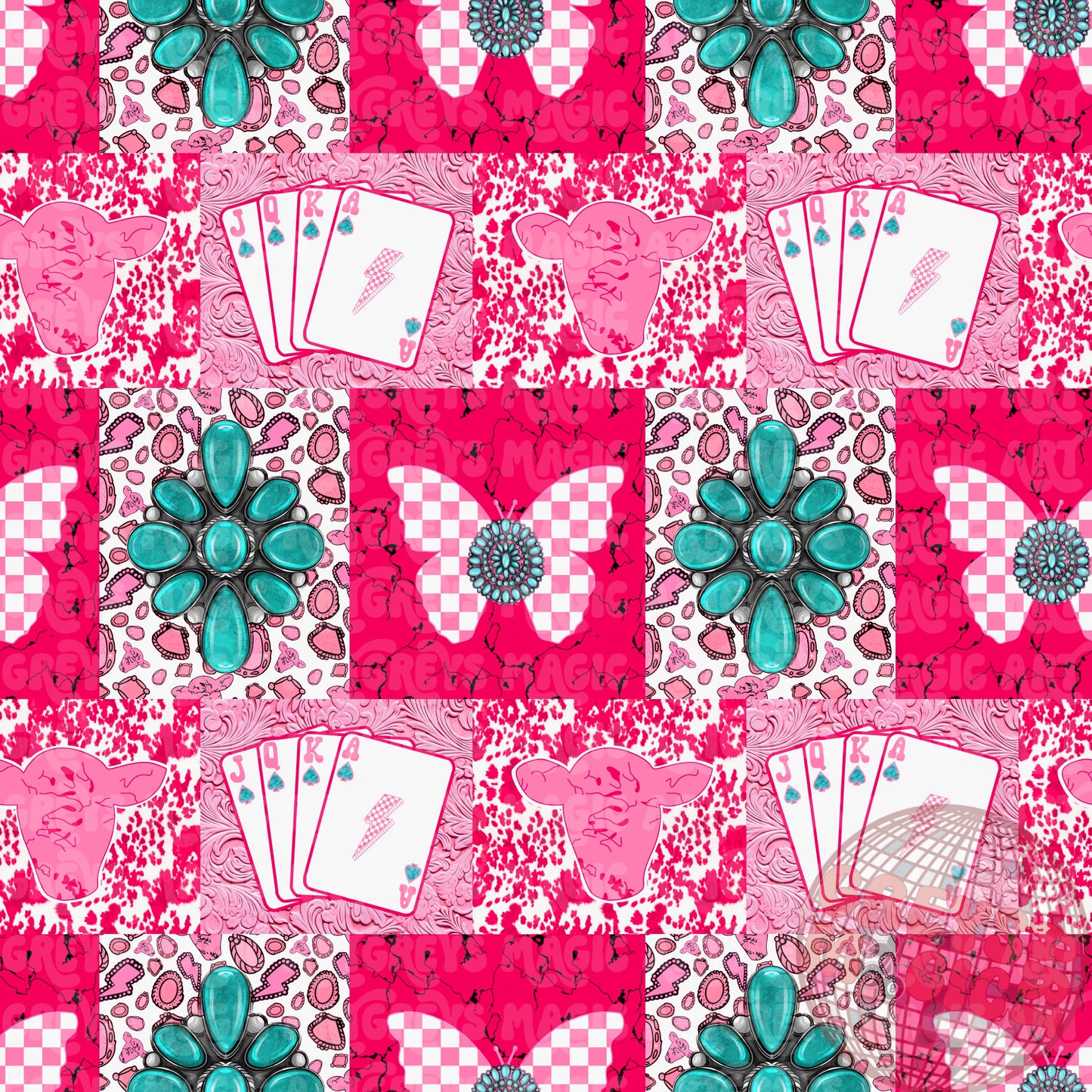 Pink White And Turquoise Patchwork Squares Western Cards Conchos Butterfly Seamless File
