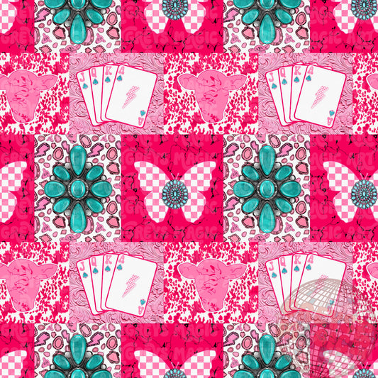 Pink White And Turquoise Patchwork Squares Western Cards Conchos Butterfly Seamless File
