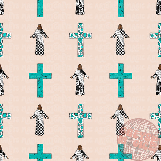 Turquoise And Cream Jesus And Cross Seamless File