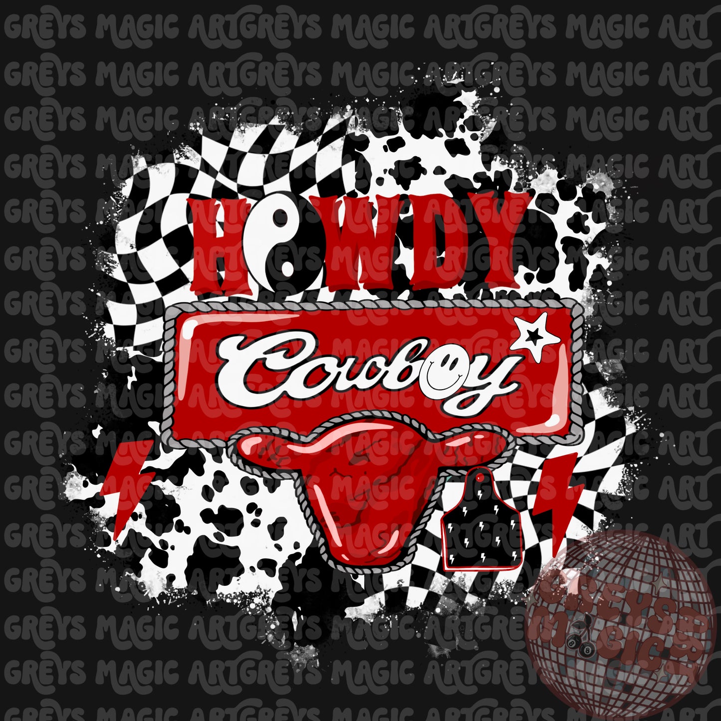 Howdy Cowboy Red Checkered Cowprint Mashup PNG