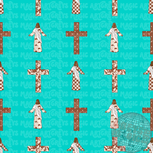 Teal And Neutral Jesus And Cross Seamless File