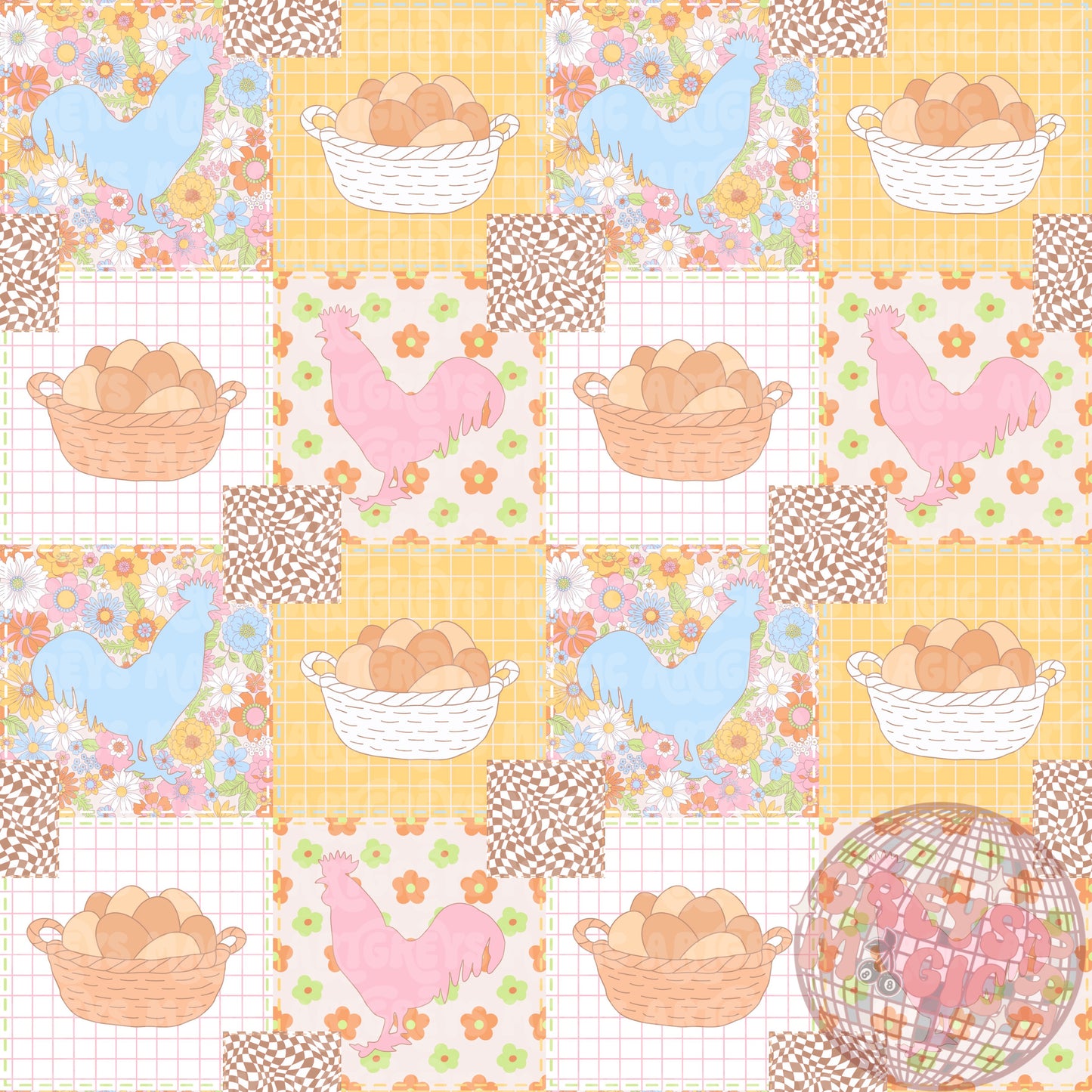 Pastel Chickens And Egg Basket Patchwork Seamless File
