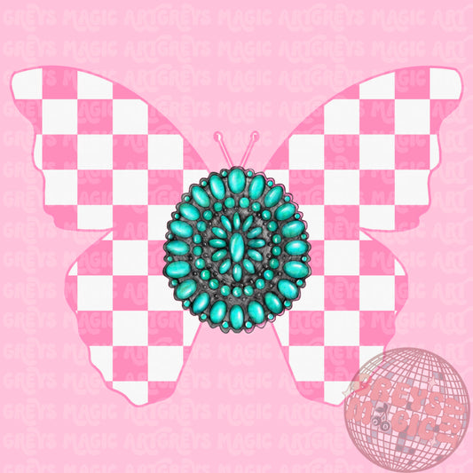 Pink And White Checkered Concho Butterfly PNG