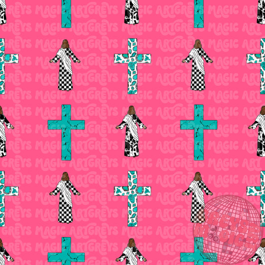 Pink And Turquoise Jesus And Cross Seamless File