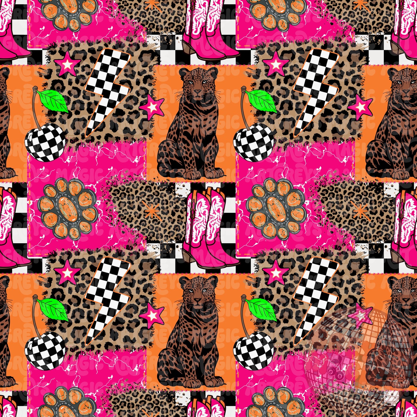 Cheetah Pink And Orange Western Retro Checkered Cherry Lightning Bolt Boots Patchwork Mashup Seamless File