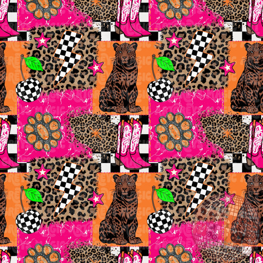Cheetah Pink And Orange Western Retro Checkered Cherry Lightning Bolt Boots Patchwork Mashup Seamless File