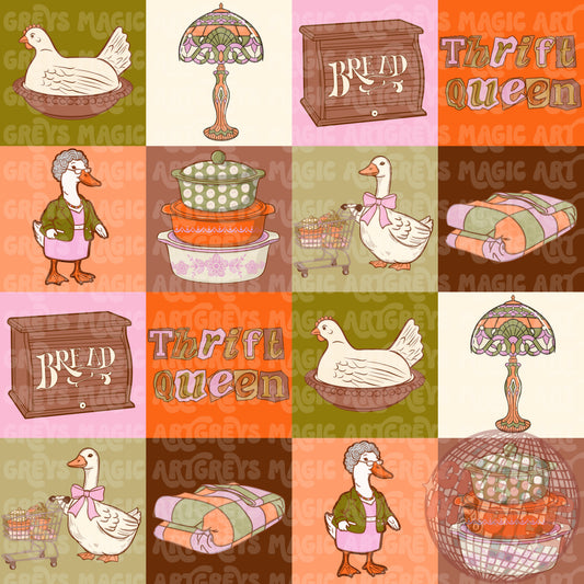 Vintage Thrift Goose Hen On Nest Checkered Seamless File
