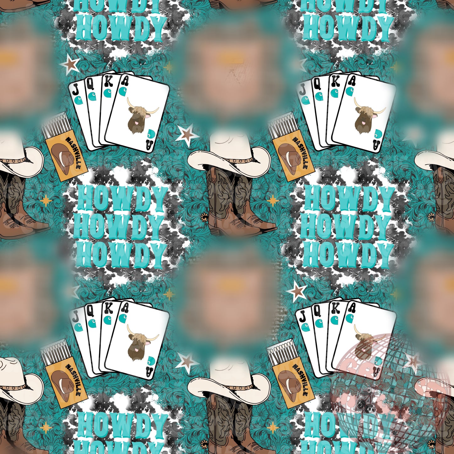 Howdy Leathertooled Western Boots Hat And Playing Cards Seamless File