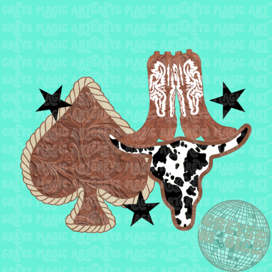 Leathertooled Spades Cowgirl Boots Long Horn PNG