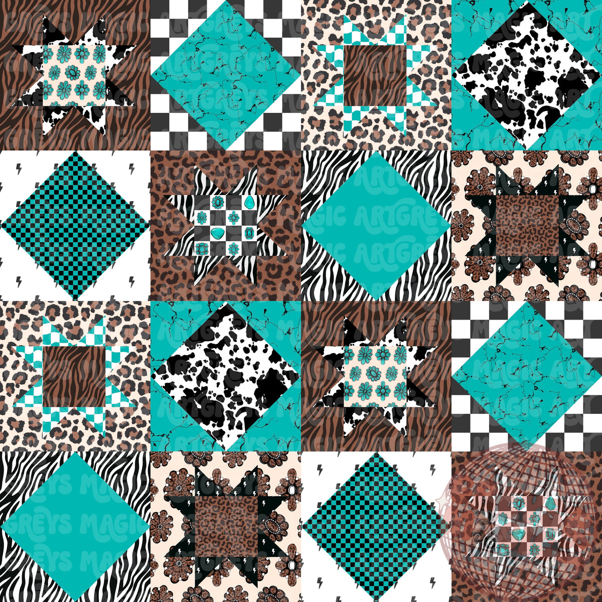 Zebra Checkered Cheetah Cowprint Turquoise Marble Cheetah Conchos Seamless File