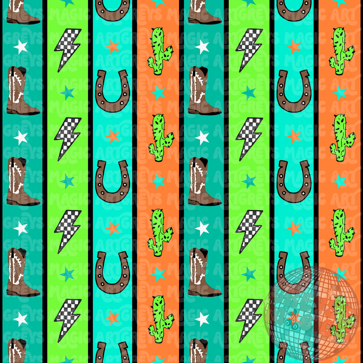 Turquoise Green And Orange Western Boots Cactus Lightning Bolt Seamless File