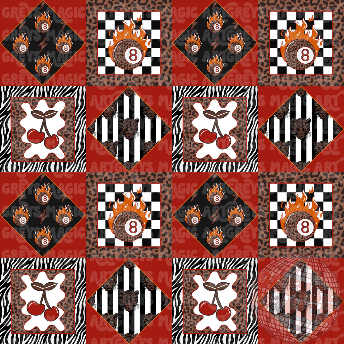 Retro 8Ball Cherry Cheetah PatchWork Seamless File