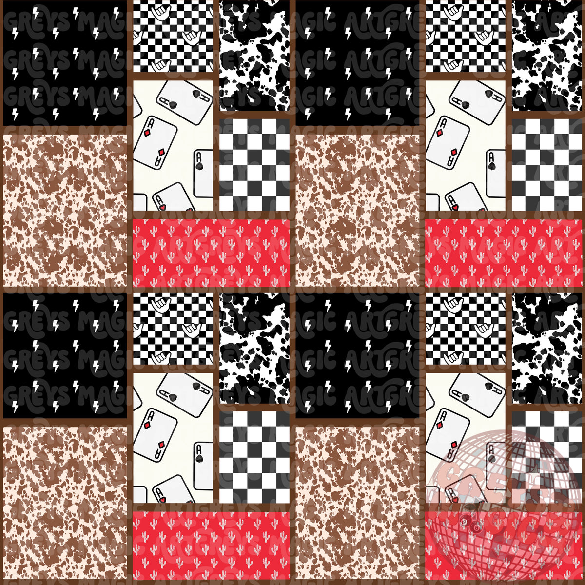 Western Card Cactus Cowprint Checkered Collage Seamless File