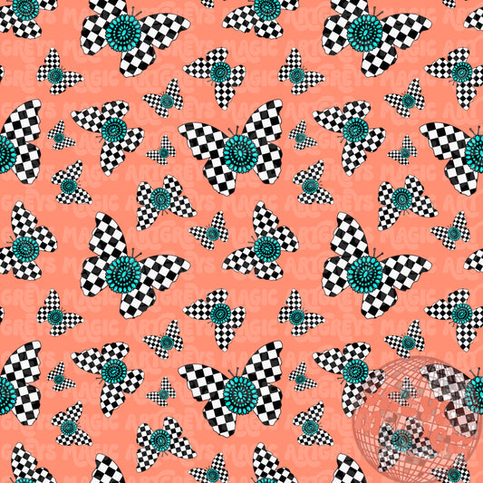 Peach Checkmate Butterflies Seamless File