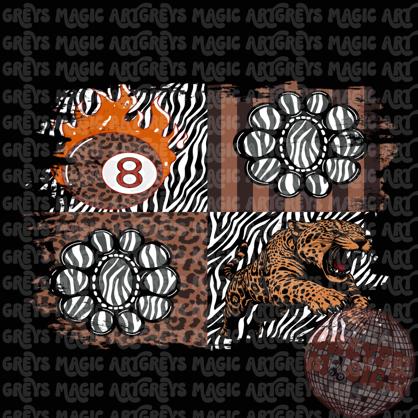 Retro 8ball Flames Cheetah Zebra Conchos PNG