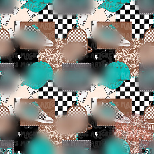 Boy Western Check Hat Shoes Backpack Patchwork Seamless File