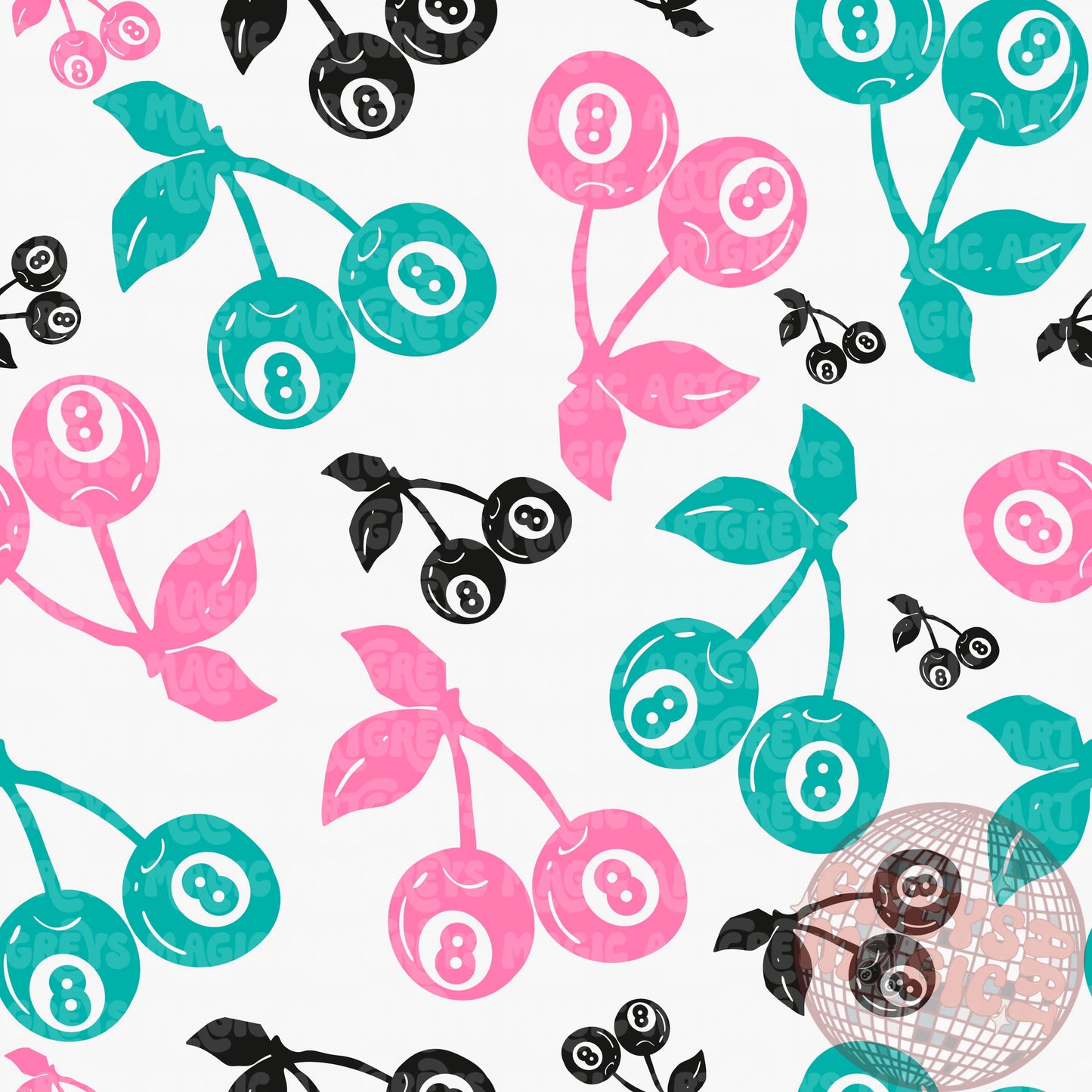 Turquoise Pink And Black 8Ball Cherries Seamless File